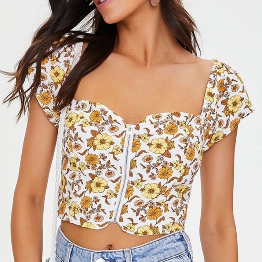 Forever 21 Yellow White Retro Floral Linen Blend Zip Crop Top- Size Large